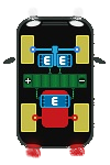 Гибрид. Среднемоторная компоновка с 1 электромотором в блоке ДВС. 2 электромотора на передней оси. Полный привод.